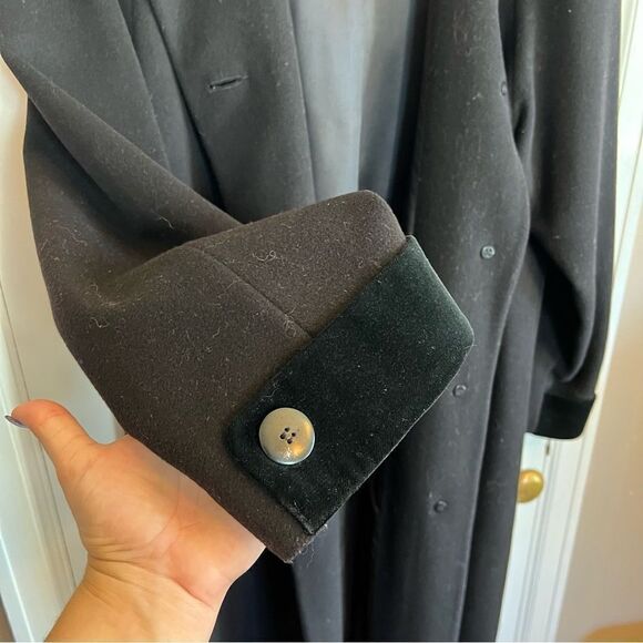 Vintage Black Lambswool Forecaster Velvet Trimed Hooded Long Trench Coat (10) - Picture 8 of 14